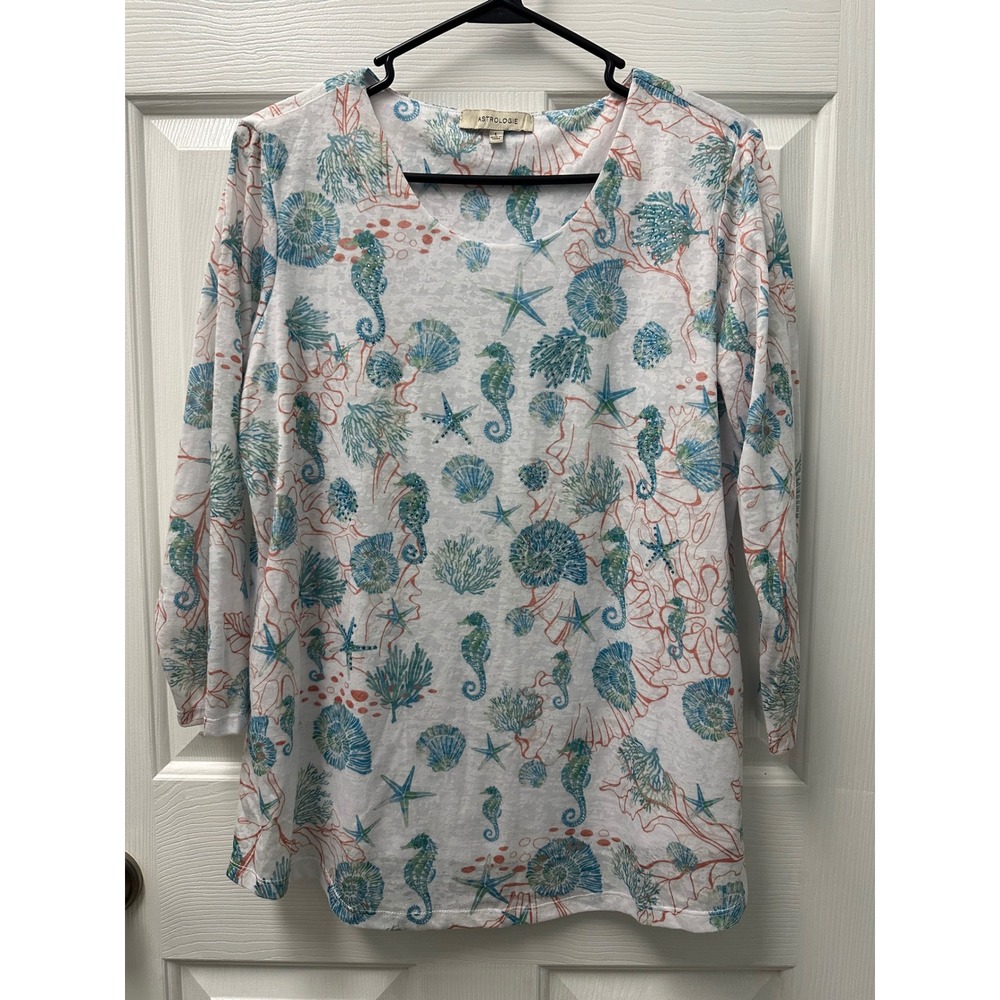 Women's‎ Astrologie Lined 3/4 Sleeve Ocean Seashell Seahorse Large Shirt